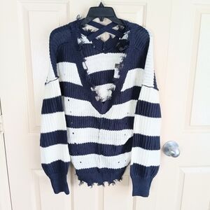 Rue21 Women Navy&White V-Neck Striped Boho Distressed Sweater Size Large NWT
